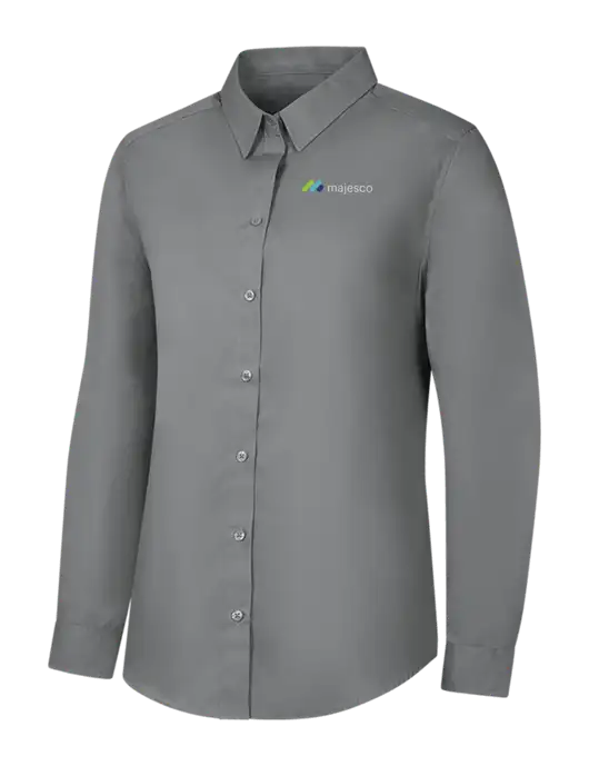 Womens Medium Grey Long Sleeve Carefree Poplin Shirt w/Majesco Logo