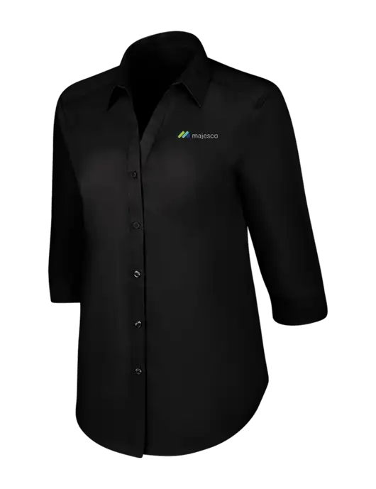 Womens Black 3/4 Sleeve Carefree Poplin Shirt w/Majesco Logo