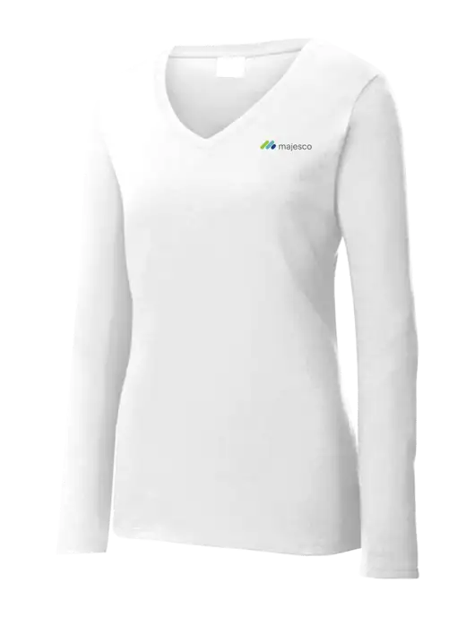 Womens  V-Neck Ring Spun White 4.5 oz Long Sleeve T-Shirt w/Majesco Logo