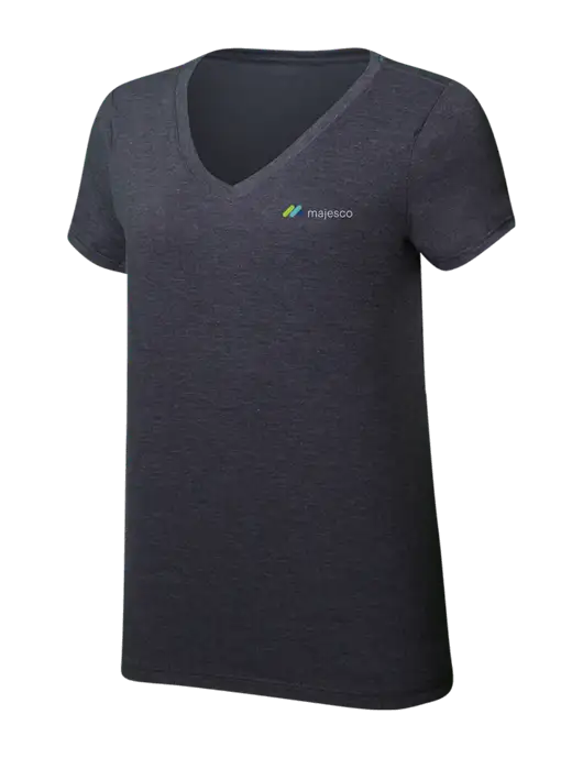 Womens Simply Soft V-Neck Heather Charcoal 4.5oz  Poly/Combed Ring Spun Cotton T-Shirt w/Majesco Logo