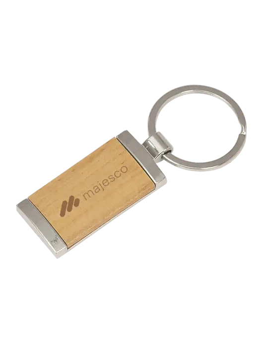Wood & Silver Rectangle Keychain w/Majesco Logo