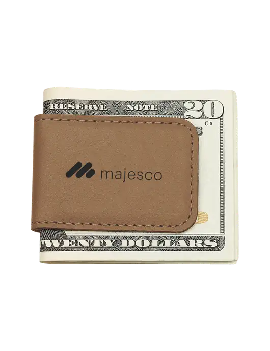 Tan Leatherette Money Clip w/Majesco Logo