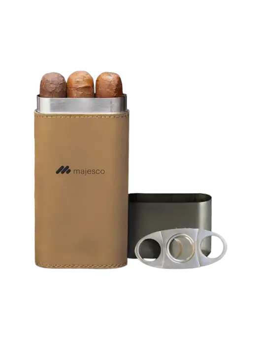 Tan Leatherette Cigar Case with Cutter w/Majesco Logo
