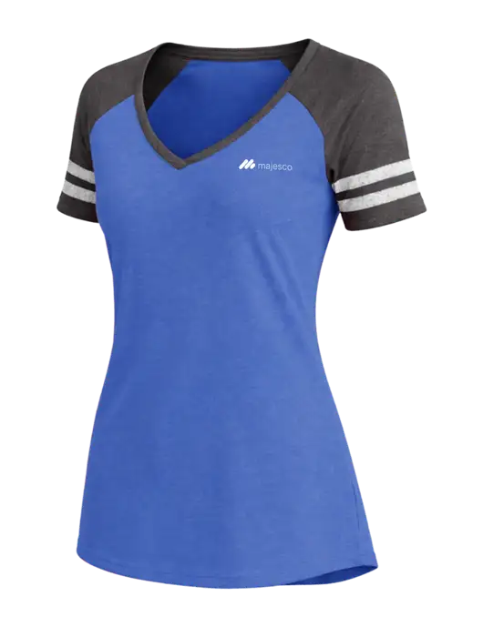 Womens Royal Heather/Charcoal Heather V-Neck Game Tee w/Majesco Logo