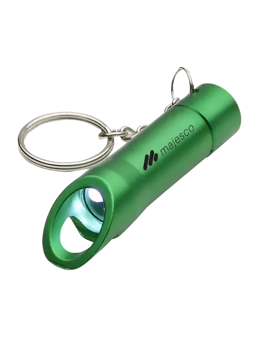 Medium Green Pocket LED Flashlight with Bottle Opener & Keychain w/Majesco Logo