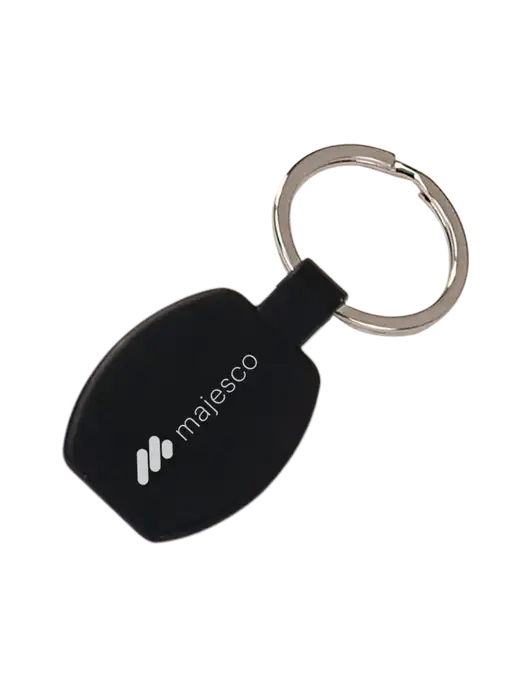 Black Laserable Rounded Rectangle Keychain w/Majesco Logo