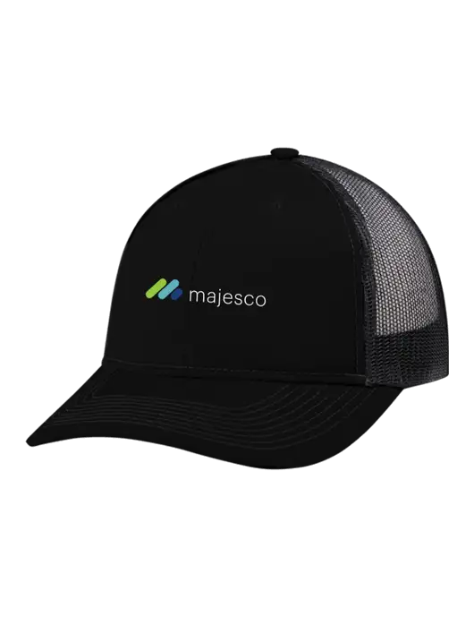 Snapback Ponytail Trucker Cap Black w/Black Mesh w/Majesco Logo
