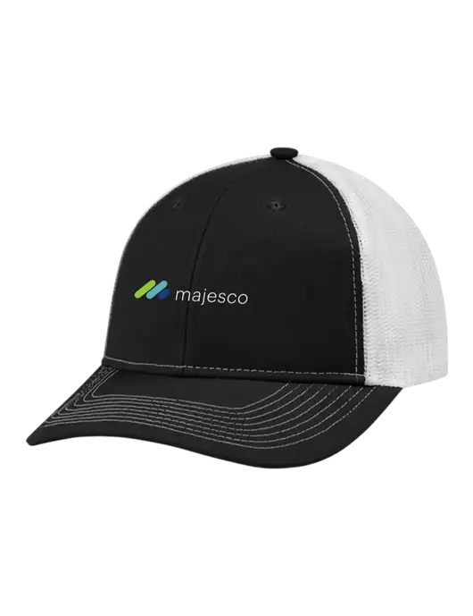 Snapback Ponytail Trucker Cap Black w/White Mesh w/Majesco Logo
