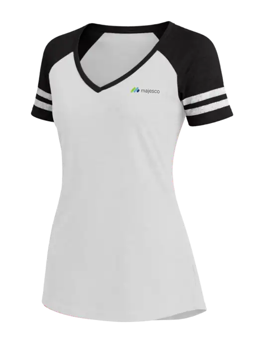 Womens White/Black V-Neck Game Tee w/Majesco Logo
