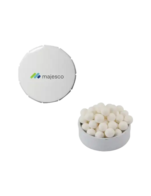 Signature Peppermints In White Snap Top Tin  w/Majesco Logo